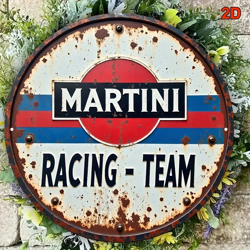 2D flaches 1-teiliges rundes Martini-Rennteam-Retro-Wandlogo aus Holz, rote, blaue und weiße Streifen, geeignet für Garage, Herrenhöhle – Detail 8