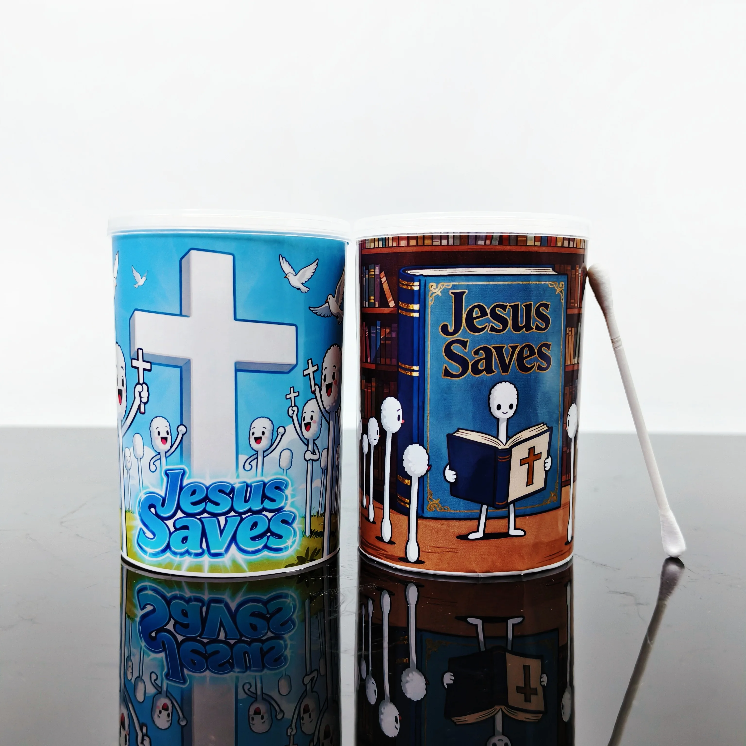 200 uds/300 Uds hisopo de algodón de doble cabeza gruesa con temática de Jesús, hisopo de algodón de cuchara redonda, hisopo de algodón con elemento de creencia religiosa