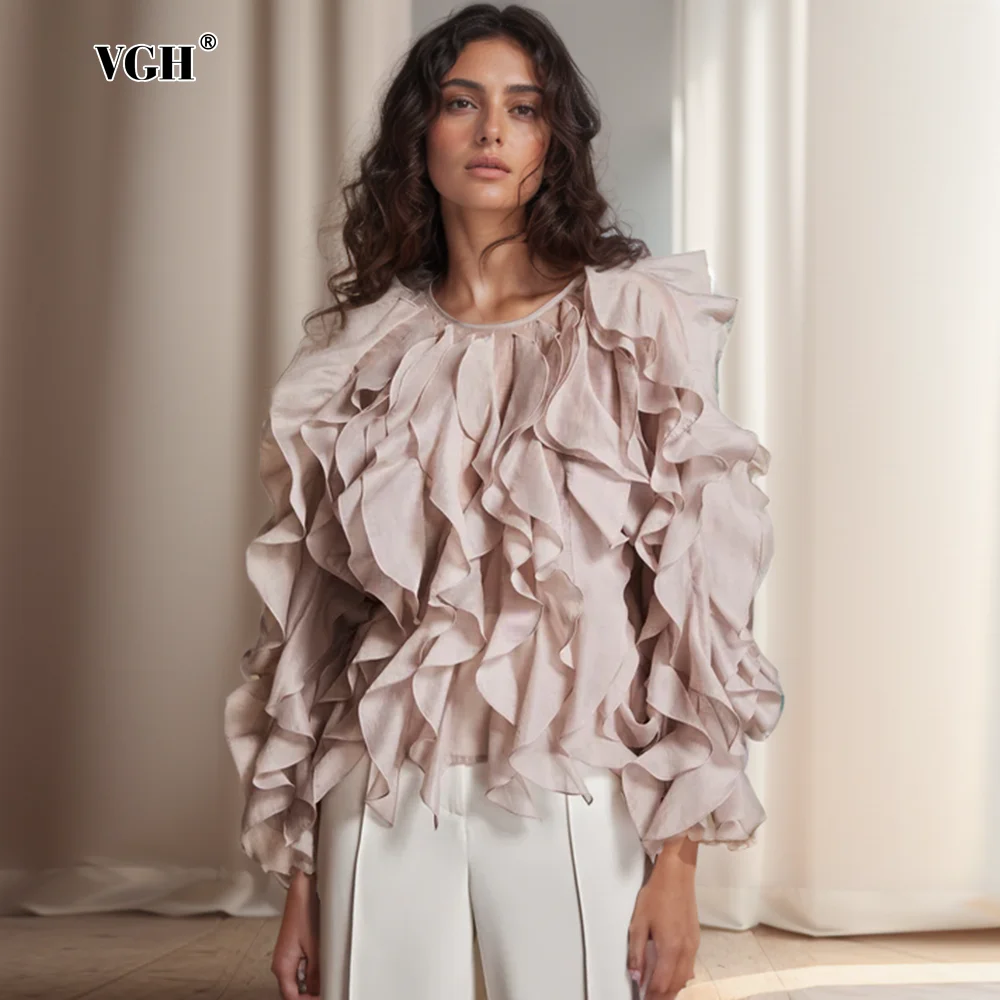 VGH Elegant Patchwork Ruffle Chiffon Blouses Women O Neck Lantern Long Sleeve Loose Shirt Female Clothes Fashion Summer 2022 New