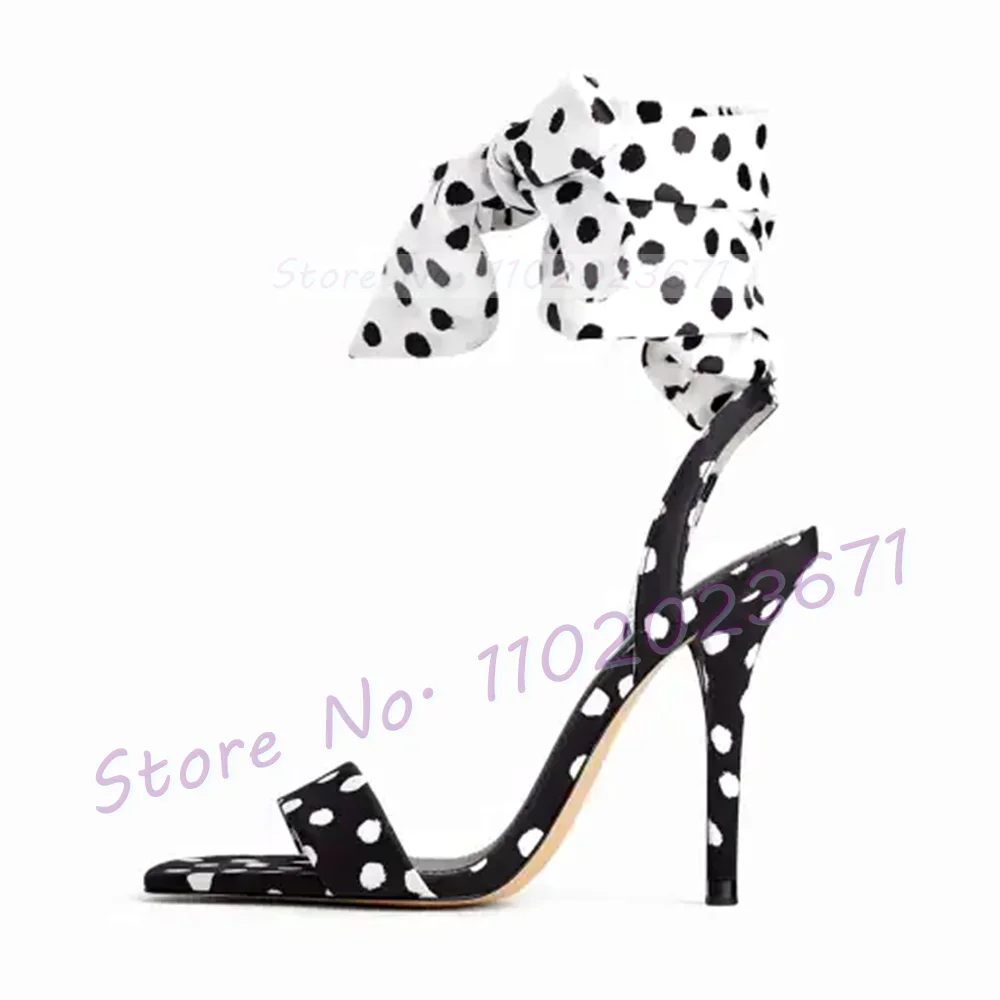 Polka Dots Lace Up Sandals With High Heels Women Sexy Two Tone Elegant Shoes Office Lady Luxury Party Stiletto Dress Sandals