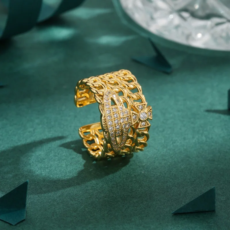 

Luxury Retro Open Ring European American Fashion Personality Saturn Titanium Steel Micro-Inlaid Zircon