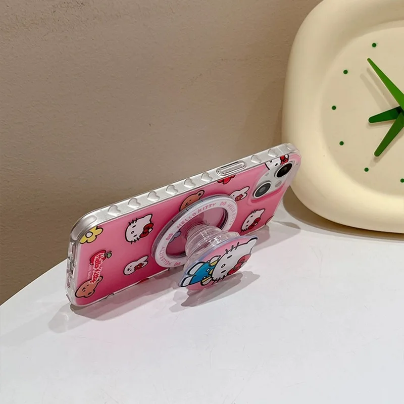 Cute Pink Cartoon Hello Kitty Magnetic Bracket Magsafe Wireless Charge Phone Case For iPhone 13 12 14 15Pro Max 11 Cover