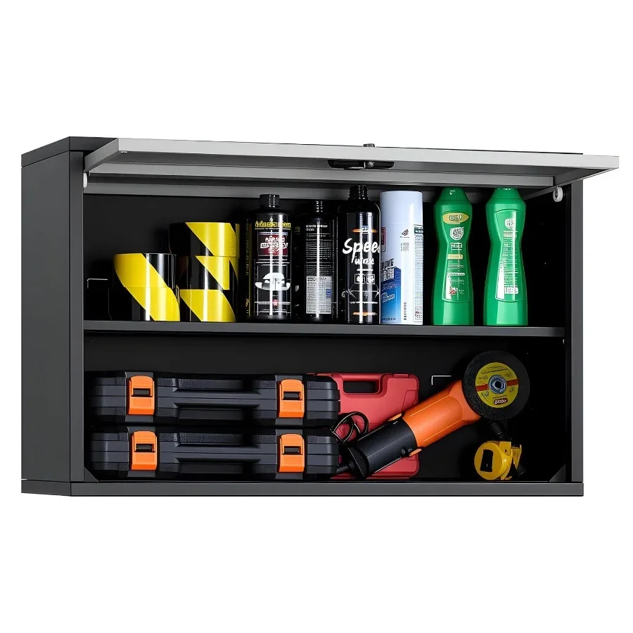 

Metal Wall Cabinet 27.56W x 12.01D x 19.69H Inch Floating Garage Tool Cabinet with Up-Flip Door and Shelf 240 lbs Load Capacity