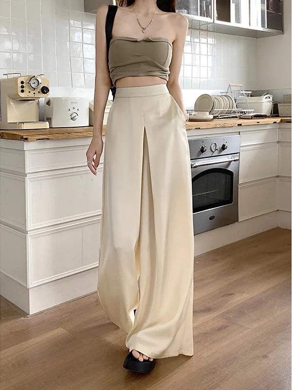 Silky Smooth Satin Wide Leg Pants Women's Casual Straight Cut Slimming Suit Trousers Fashionable High Waist Elastic Waist
