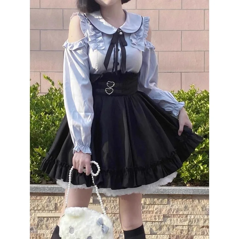 

Новинка 2023 года, японская готическая юбка в стиле Лолита JK, женские комплекты Kawii с воротником Питера Пэна и открытыми плечами, мини-юбки Harajuku Y2k, женский костюм