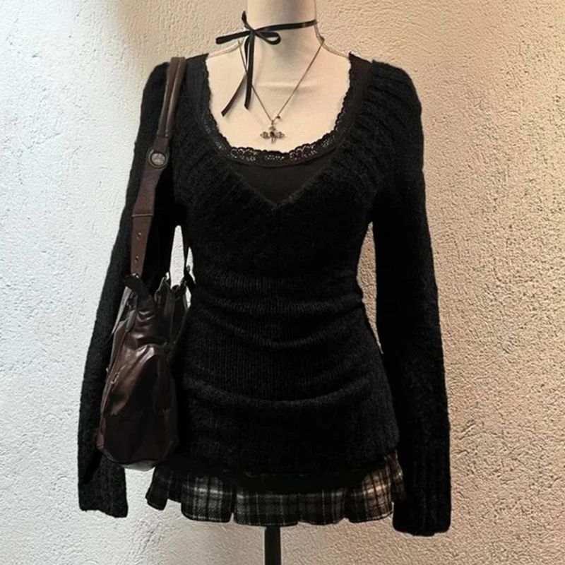 Jersey de punto retro americano Harajuku Y2K estético para mujer Otoño Invierno casual ajustado elegante suéter de color sólido ropa gótica