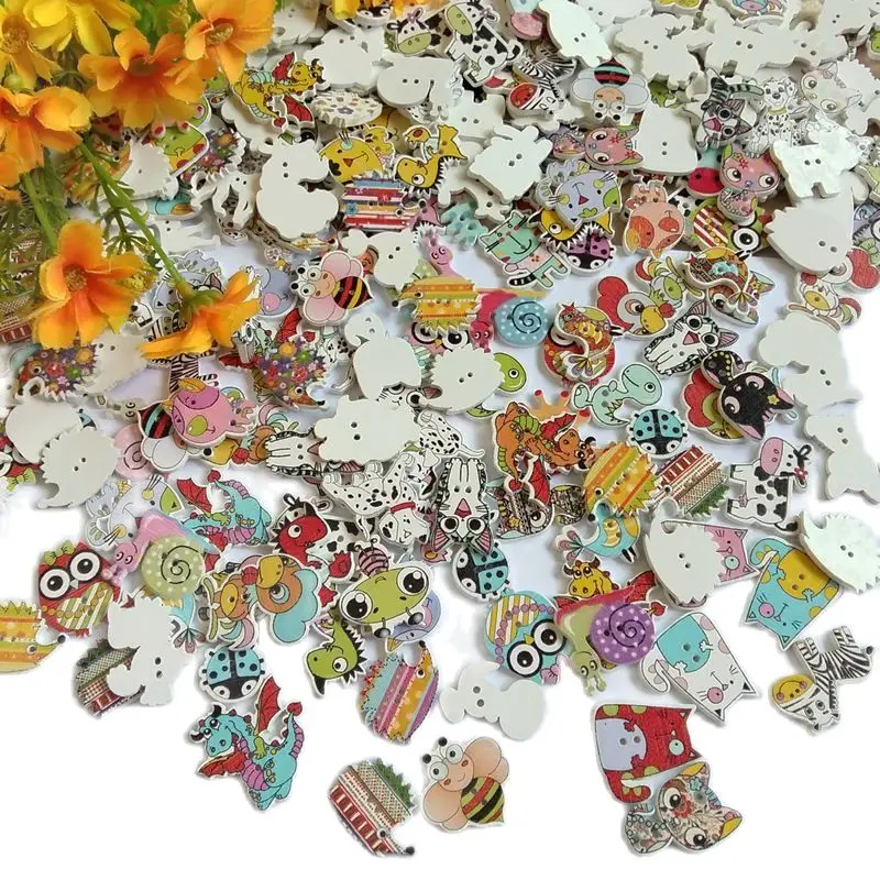 50pcs/lot Random Mixed cartoon buttons for Decorative Crafts accessories Scrapbooking 2 Holes Wood Buttons