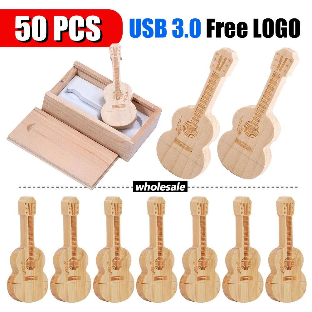 50pcs/lot customized wooden guitar pen drive3.0 usb flash drive memory Stick 8GB 16GB pendrive 32GB 64GB 128GB Cle usb Free Logo