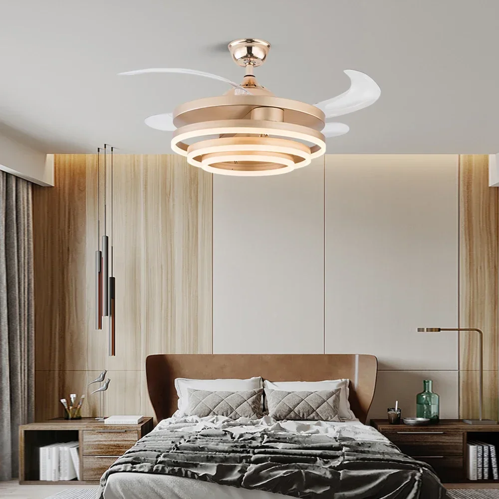 Ceiling Fans Modern Intelligent LED Ceiling Fans with 4 Retractable Blades Led Light With Remote Control Dimmable for Bedroom