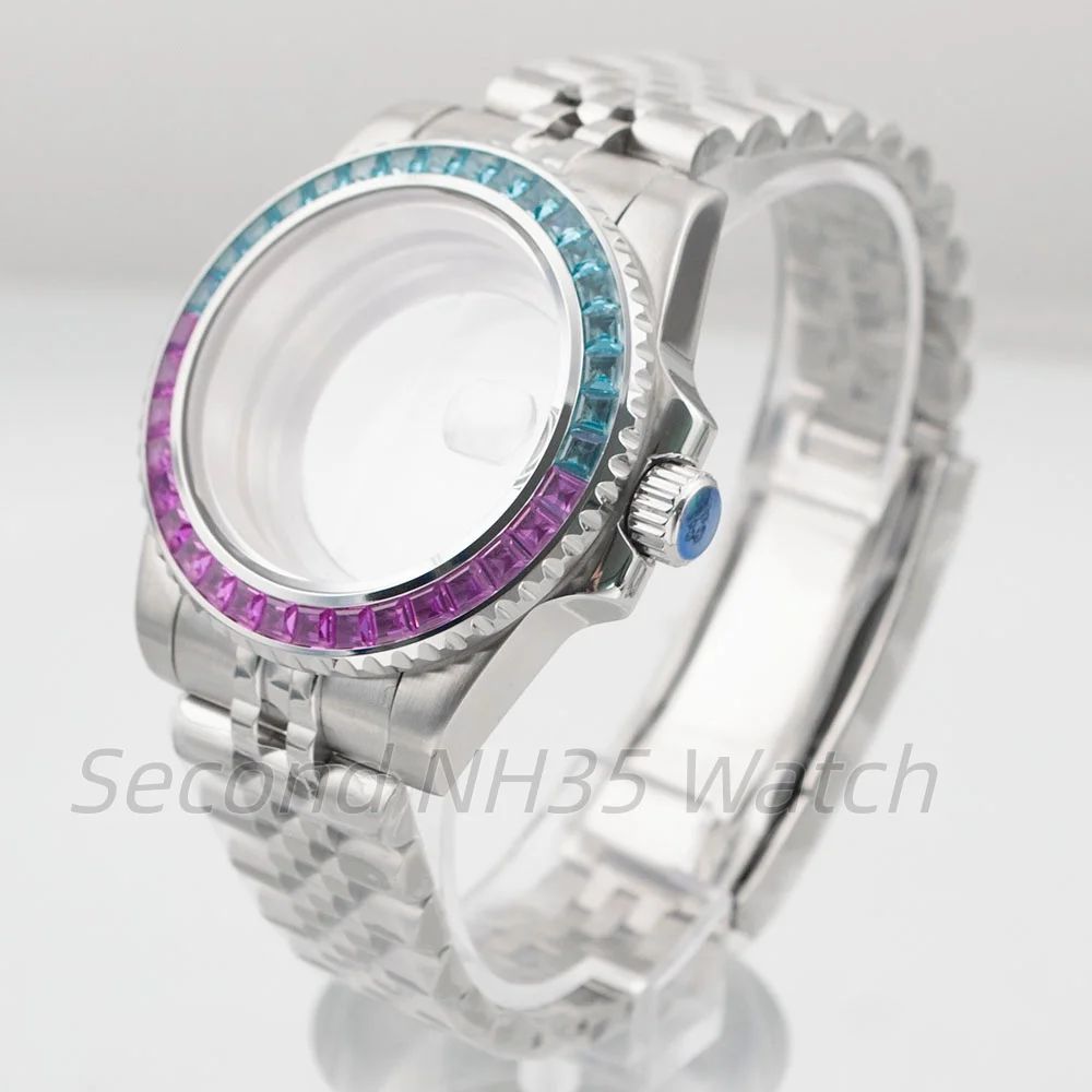 Diamond 40mm Silver Watch Case Sapphire Glass Stainless Steel Oyster/Jubilee/President Bracelet For SUB NH34/NH35/NH36 Movement