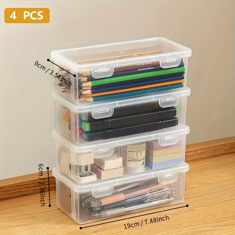 4pcs Plastic Clear Storage Box,Stationery Holder, Large Capacity Transparent Box, Desktop Pen Pencil Marker Box for Study Use