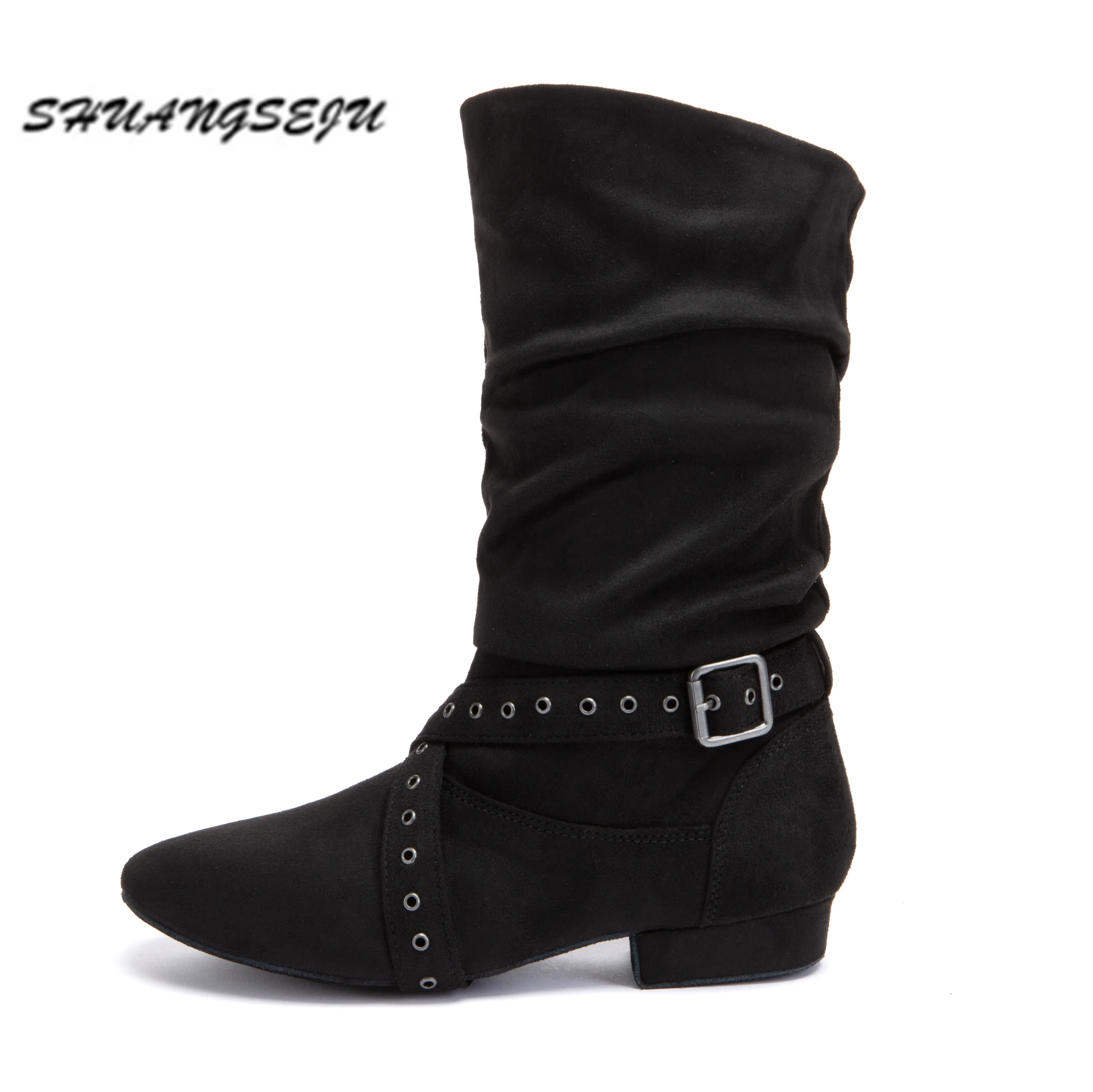 2026 Women Black Suede High‑Top Jazz Dance Boots, 1cm Low Heel Soft Sole Dance Shoes for Line Dance Practice Group Wholesale