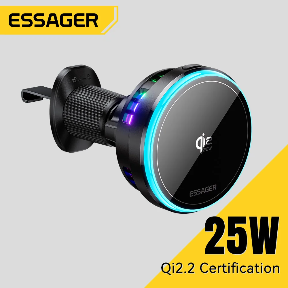 

Essager 25W Magnetic Wireless Car Charger for Huawei Xiaomi iPhone 17 16 15 MacSafe RGB Car Phone Holder Fast Charging Station