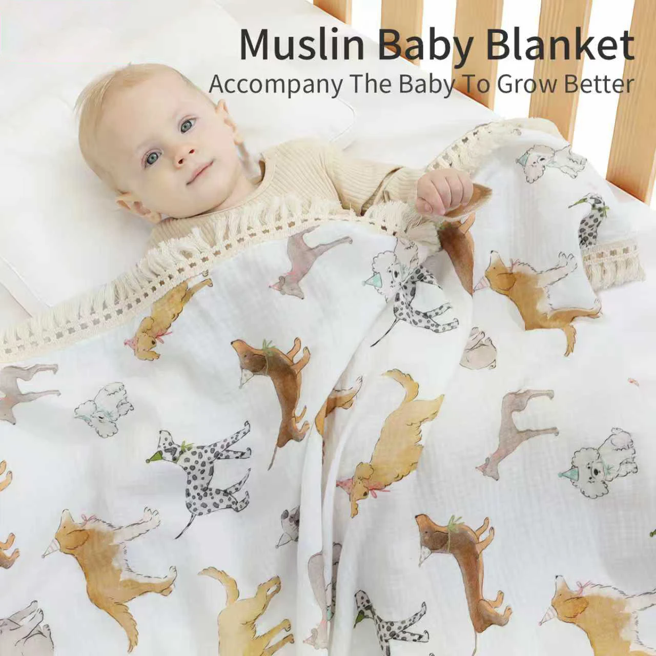 

110x120cm Printed Baby Blanket Newborn Double-Layer Gauze Cloth Baby Cotton Blanket Baby Stroller Tassel Blanket