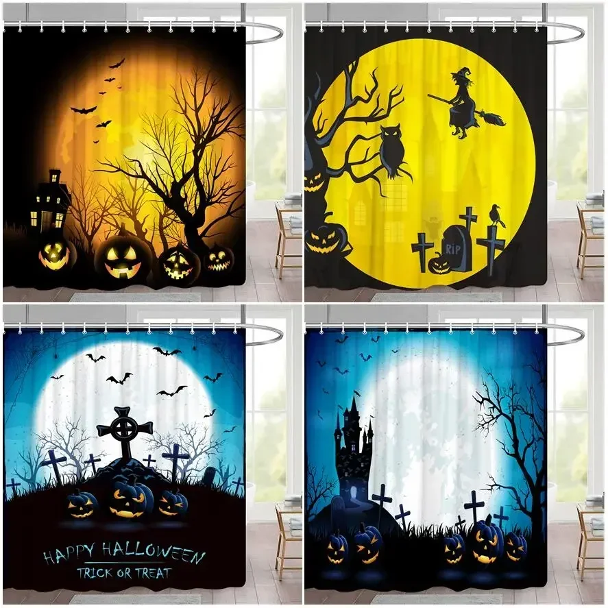 Creative Halloween Shower Curtain Set Pumpkin Owl Tombstone Castle Bat Night Scenes Holiday Bathroom Decor fabric Bath Curtains