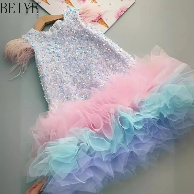 Rainbow Gradient Ruffle Tulle Girls Party Dress Sequined Bodice Feather Sleeveless Toddler Princess Birthday Pageant Gown