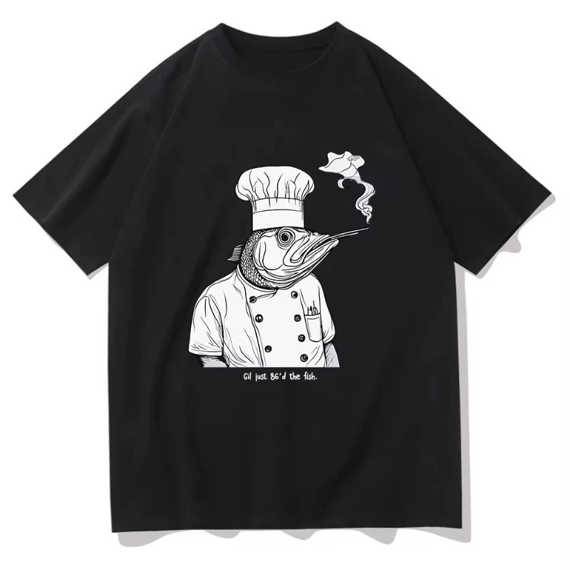 

Летние топы унисекс, хлопковые футболки с рисунком Gil Just 86'd, футболка с рыбой, осьминог, шеф-повар, забавная мужская женская одежда, одежда в стиле Харадзюку