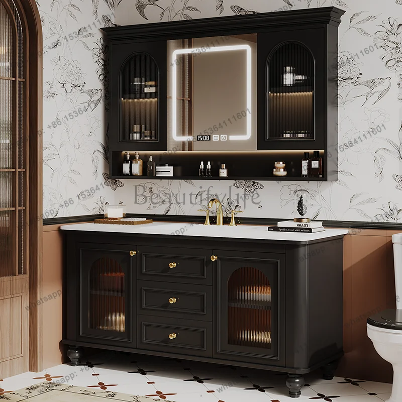 

French oak solid wood bathroom cabinet, toilet washstand, floor-to-ceiling light luxury hand washbasin cabinet