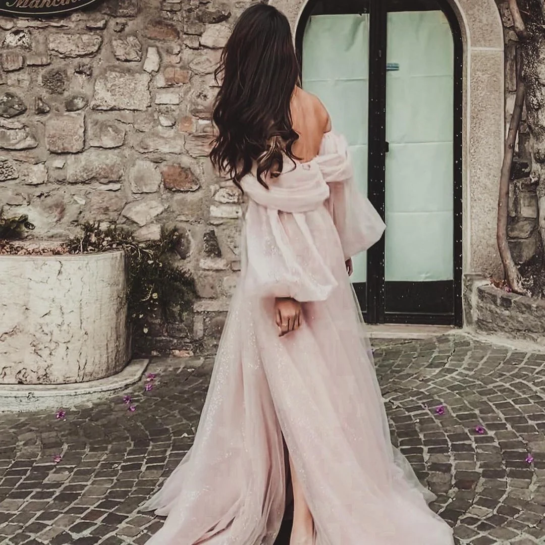 Bafftafe Pink Shiny Tulle Prom Dresses Off The Shoulder Long Puff Sleeve Evening Party Gowns Slit Women Arabia Wedding Dress