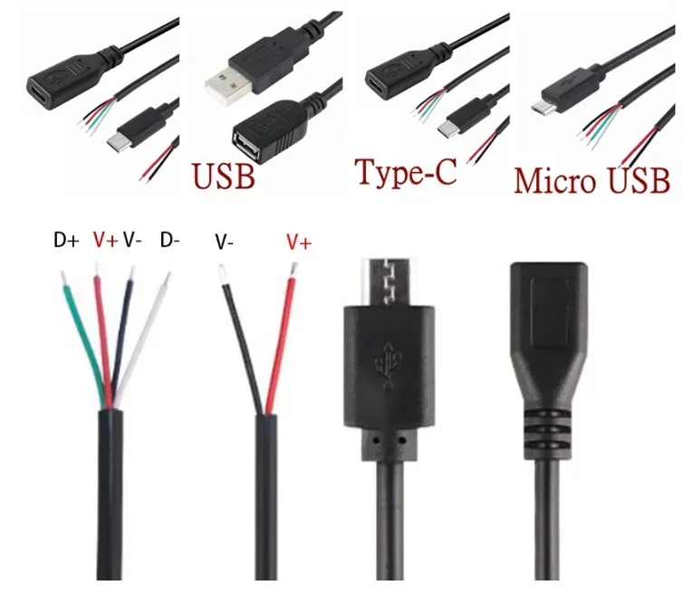 Power Supply Date Cable 2 Pin USB A TYPE-C Female Male 4 Pin Wire Jack Charger Cord Extension Connector DIY 5V 2/4-core Line