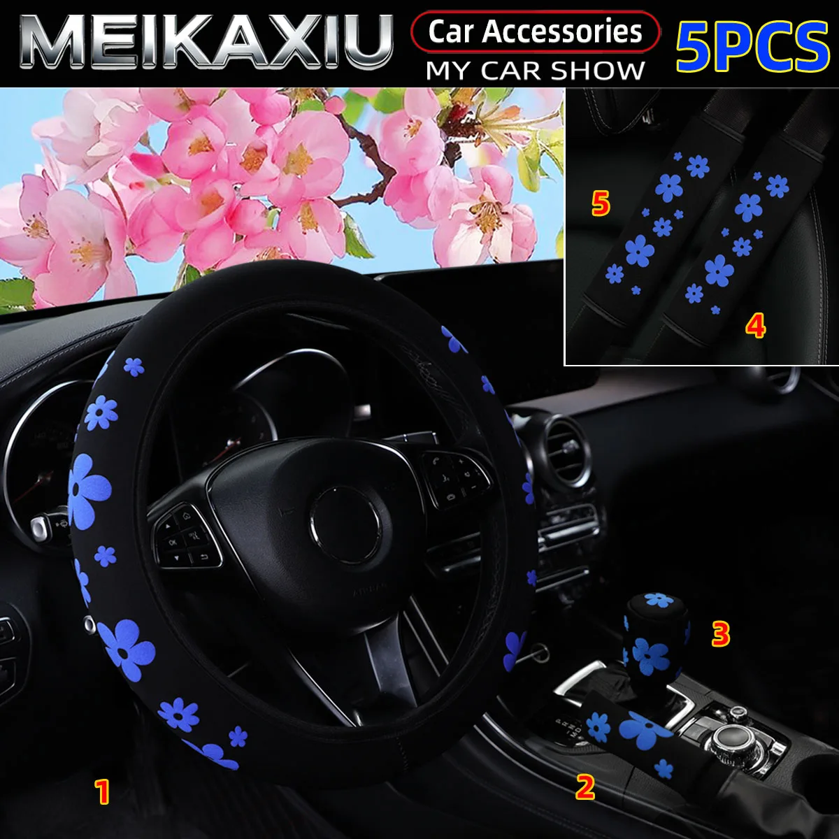 5PCS Women's beautiful Rimless Steering Wheel Cover Shoulder Pad Handbrake & Gear Shift Cover New Style Auto Accessory