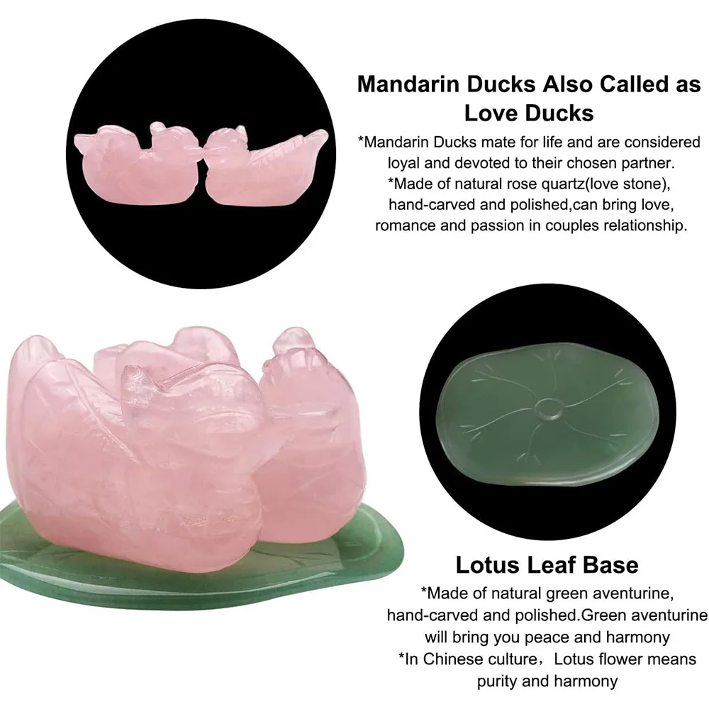 Natural Rose Quartz Mandarin Ducks Feng Shui Crystal Love Birds on Lotus Leaf Figurine Romance and Love Valentines Day Gifts