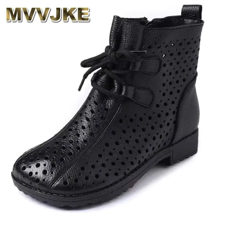 

2025 Ethnic Style Genuine Leather Cool Boots Top Layer Cowhide Breathable Sandals Women's Flat Heel Soft Sole Hollow Hole Shoes