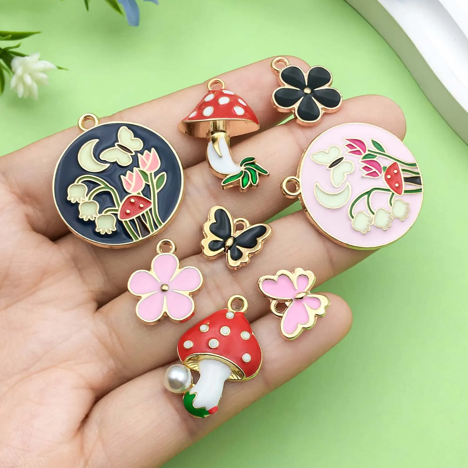 8/10pcs Colorful Enamel Mushroom, Flower, Butterfly Design Charms Alloy Plant Insect Pendants for DIY Jewelry Making Accessories