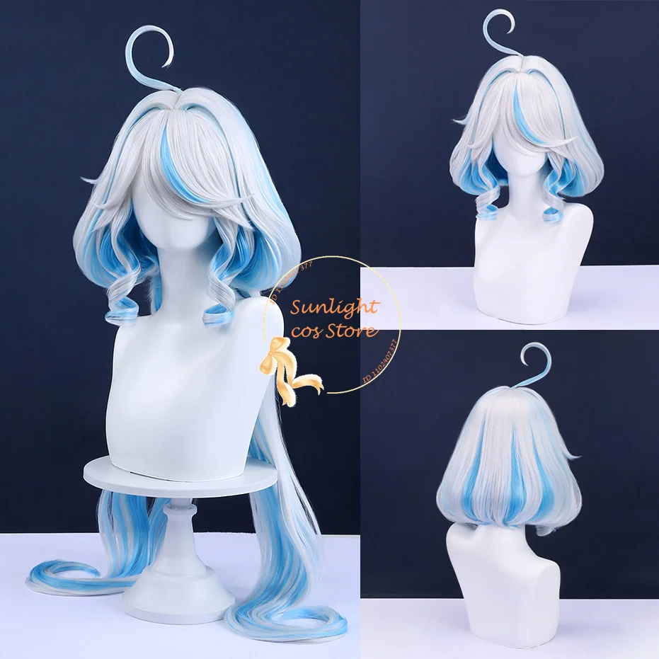 Furina Focalors parrucca Cosplay 35cm/100cm lunga Cruly argento bianco blu donne parrucche Anime capelli sintetici resistenti al calore + cappuccio parrucca