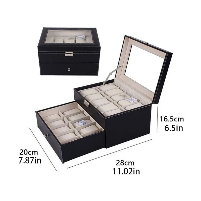 Uhrenbox aus PU-Leder – Vitrine mit transparentem Deckel und weichem Innenraum, Aufbewahrungsorganisator mit mehreren Schubladen für die Schmuckkollektion – Detail 12