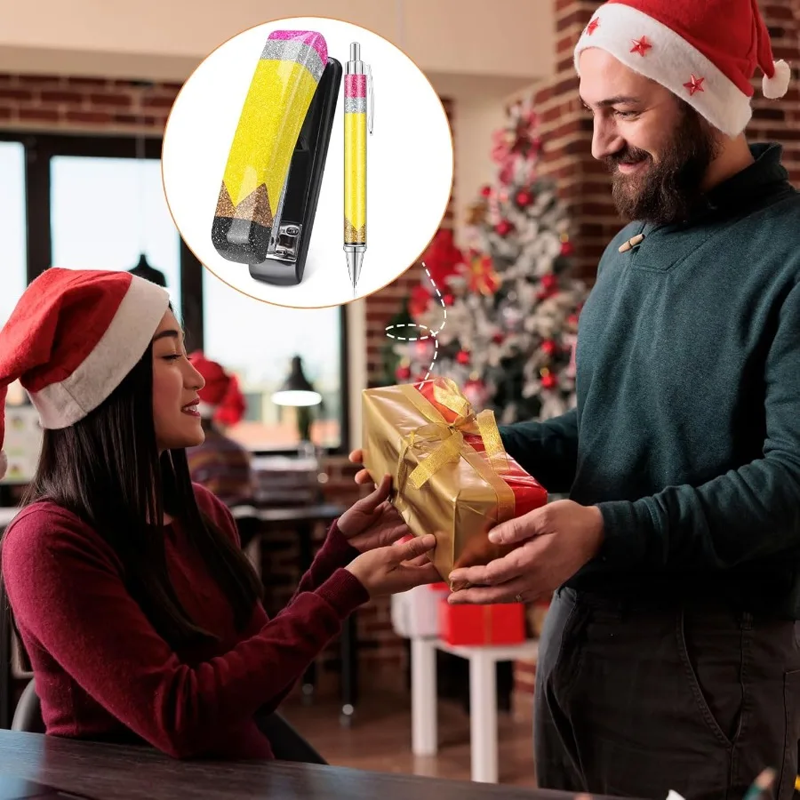 Set regalo per apprezzamento dell'insegnante Glitter Peil Cucitrice Penne a sfera Forniture per ufficio Accessori da scrivania Cucitrice per insegnanti con graffette