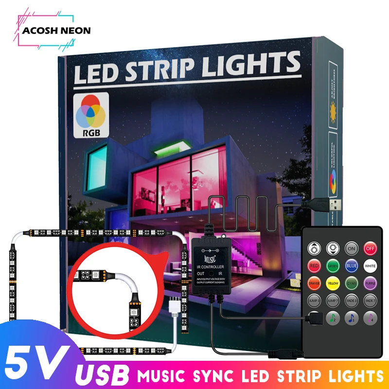 55 inch 30LEDs/M RGB LED Light Strip with Music Sync USB 5V 5050 smd Dimmable LED Night Light Backlight with Conner Cable for TV