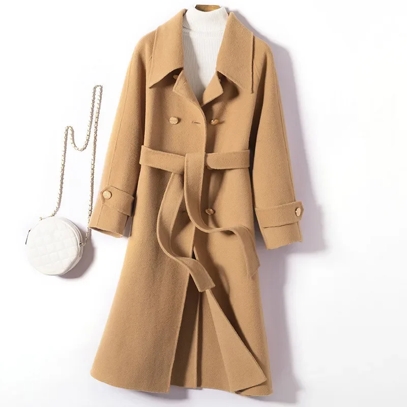 

Autumn Winter Loose Mid Long Double Sided Wool Jacket Women Overcoat Double Breasted Belt Long Sleeve 4 Color Wool Coat Female