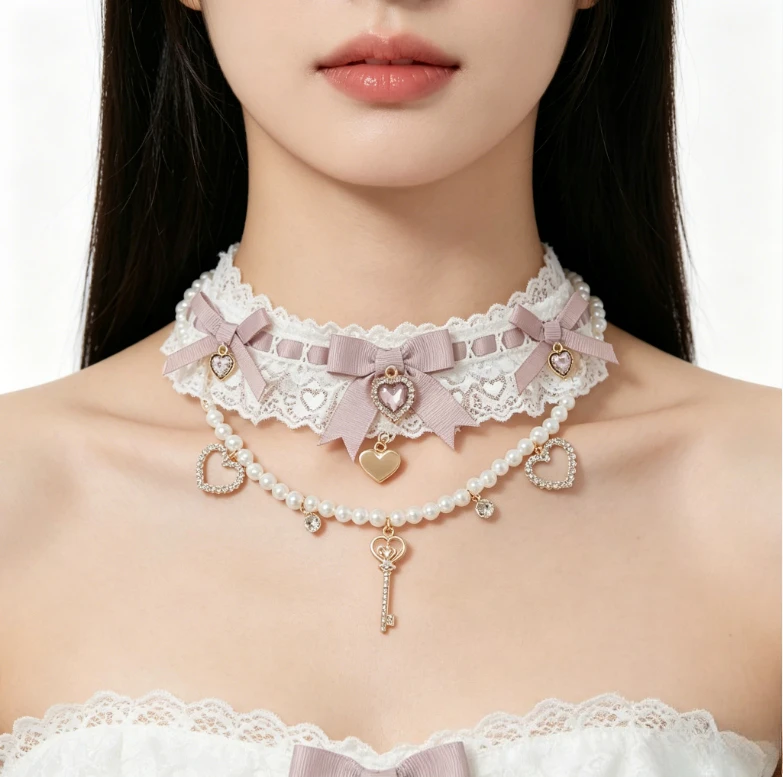 

2026 New Japanese-style Heart Pearl Bow Key Pendant Choker Sweet Cute Versatile Necklace for Women's Neck Accessories