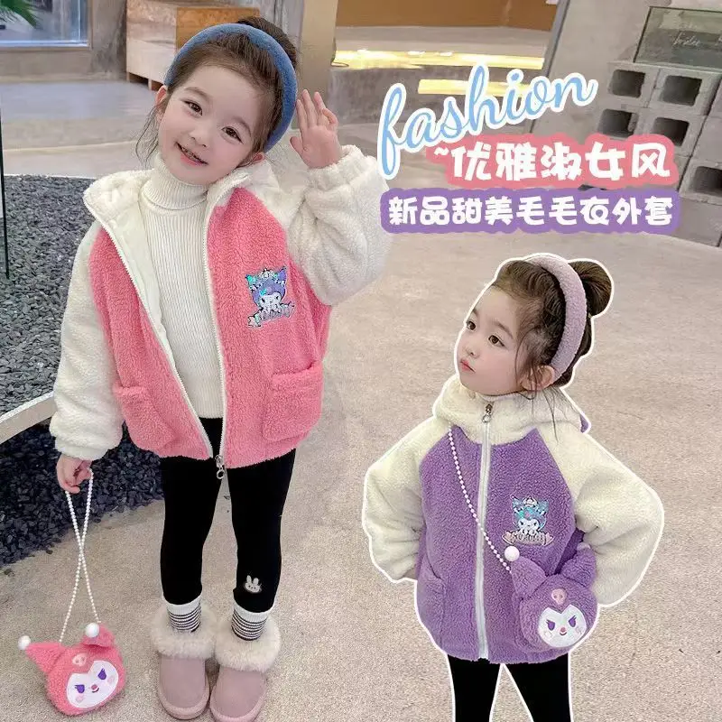 

Sanrio Girls All-Match Sweater Kuromi Girls New Style Warm Jacket Lambskin Plus Fleece Thickened Casual Cute Trench Coat Winter