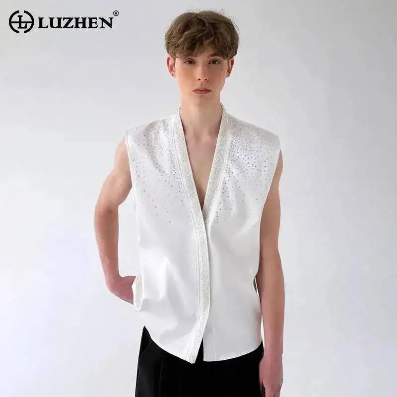 LUZHEN Handsome Shirts 2026 Sleeveless Summer Men's Fashion Luxury Sequin Patchwork Decorate Solid Color Casual Male Tops JY7570