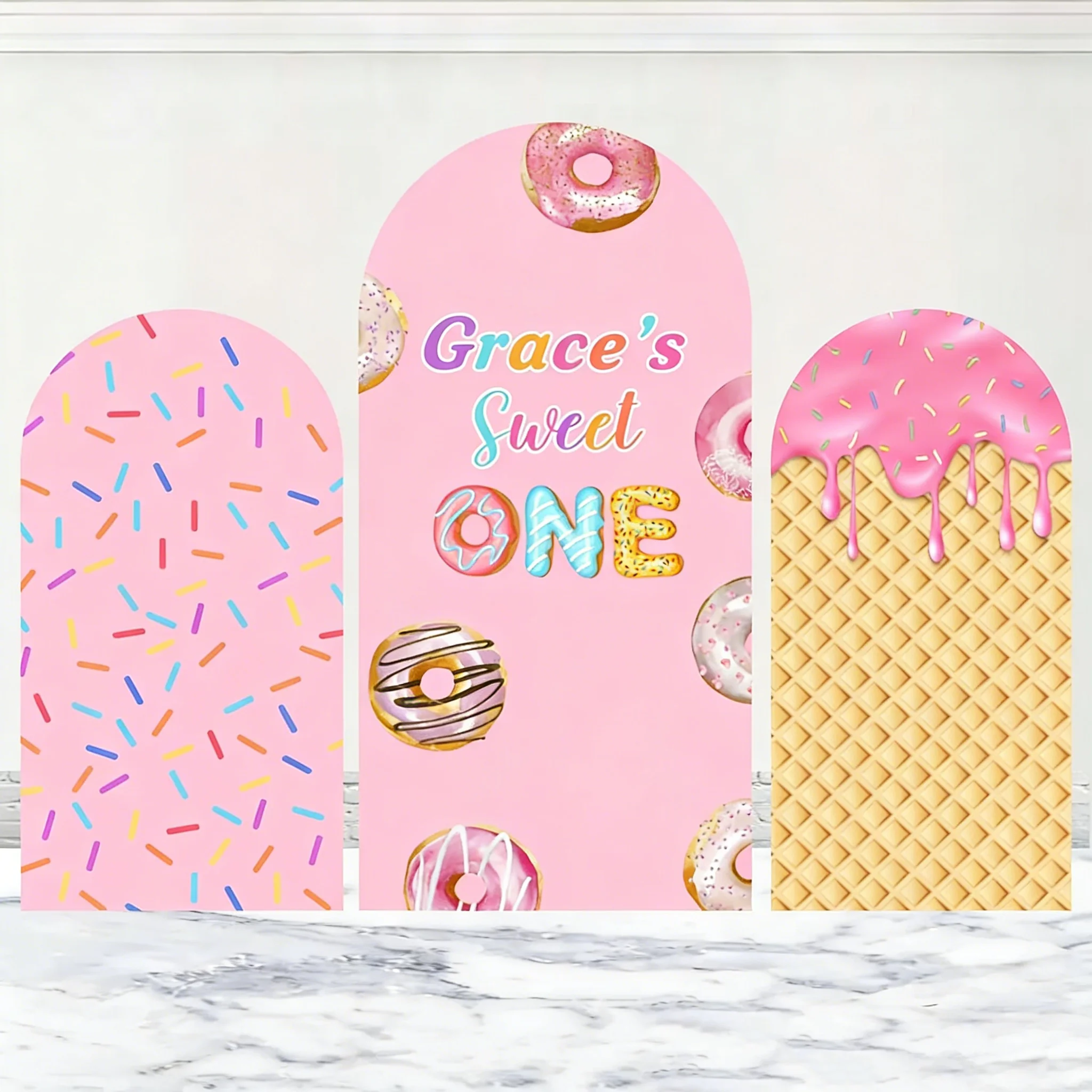 LS personalizado 2 caras helado caramelo Donut niñas fiesta de cumpleaños cubierta de Baby Shower Chiara arco pared fondo decoración telón de fondo
