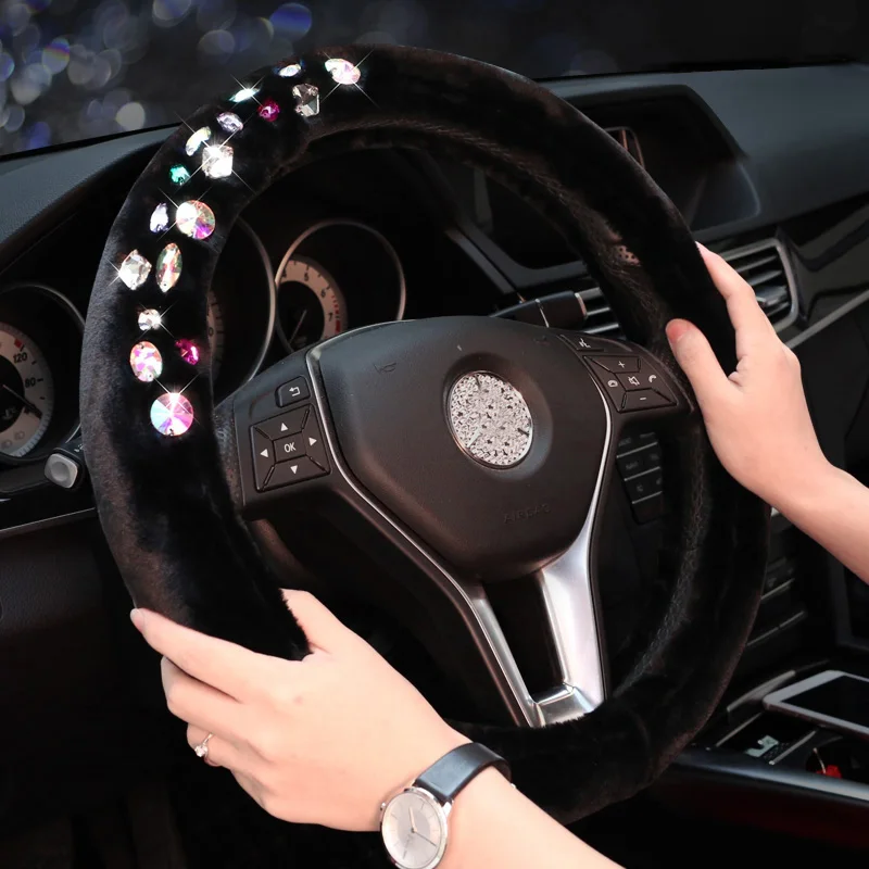 Luxury Crystal Rose Flower Car Steering Wheel Covers Hand Sewing Rhinestone Soft Plush Steering-Wheel Cover Car Decoration