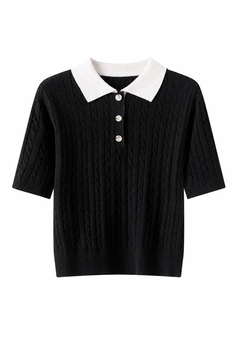 MZ62085 Damen-Pullover im Preppy-Stil mit Polokragen, Zopfmuster, kurzen Ärmeln, Kontrastkragen, Knopfdetails, Modal-Mischung, Oberteil für den frühen Herbst – Detail 14