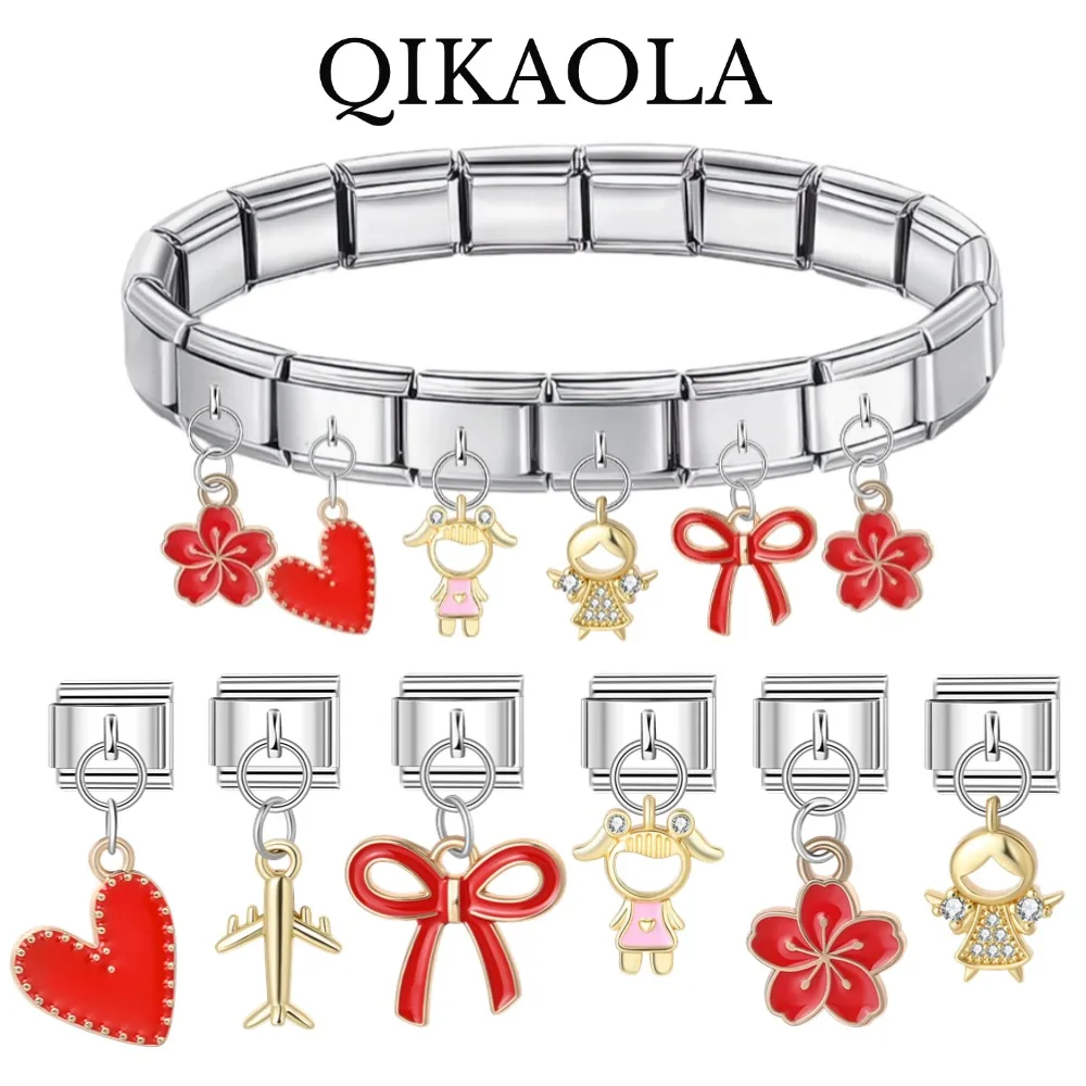 1pc Kleines Mädchen Zarte Rote Blume Italienischen Charme Fit 9mm Edelstahl Armband Diy Schmuck Machen