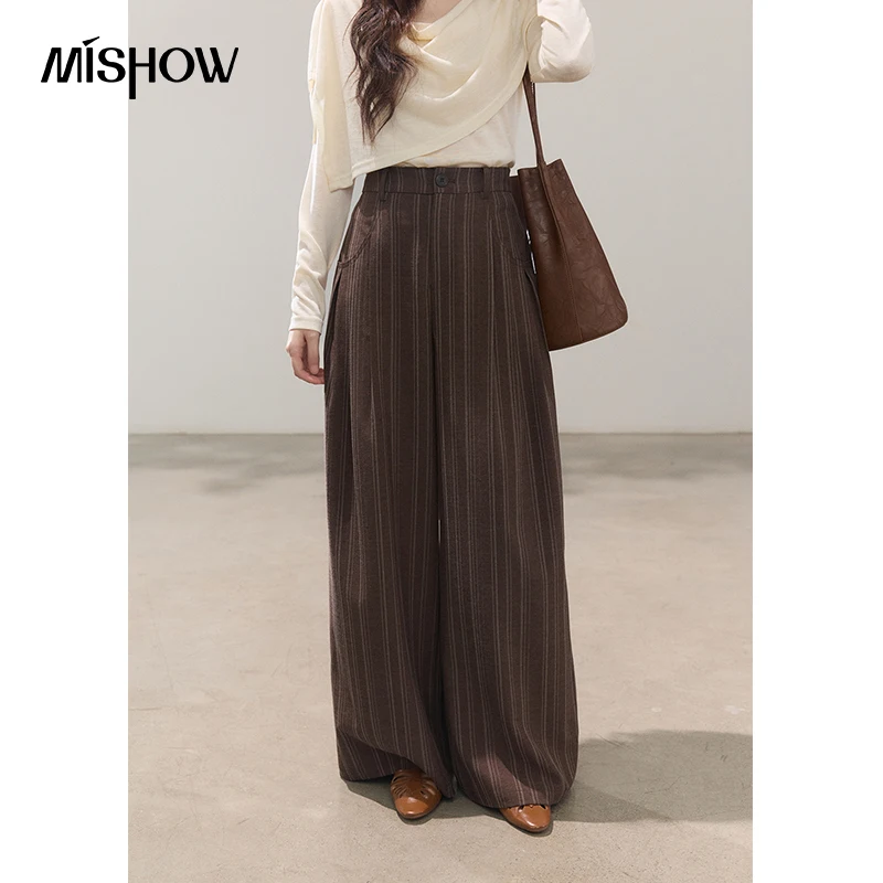 

MISHOW Women's High Waist Striped Wide Leg Pants 2026 Spring Back Elastic Waist Pants Casual Loose Brown Trousers MXF16K1247