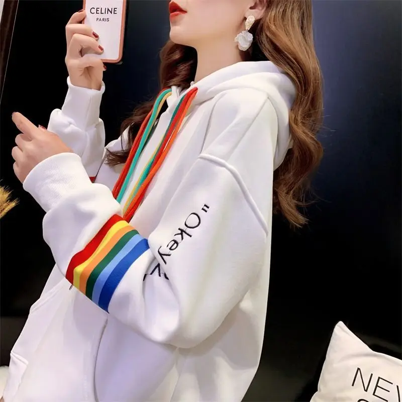 Fashion Printing Letter Pockets Color Lace Up Hooded Female Clothing 2023 Autumn Winter Oversized Korean Tops Casual Sweatshirts