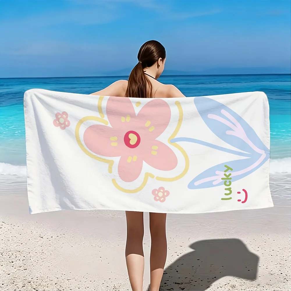 2D Flat, 1pc, Pink Floral Illustration with Lucky Text and Joyful Face Beach Towel, Soft and Skin-friendly, Non-shedding Easy to