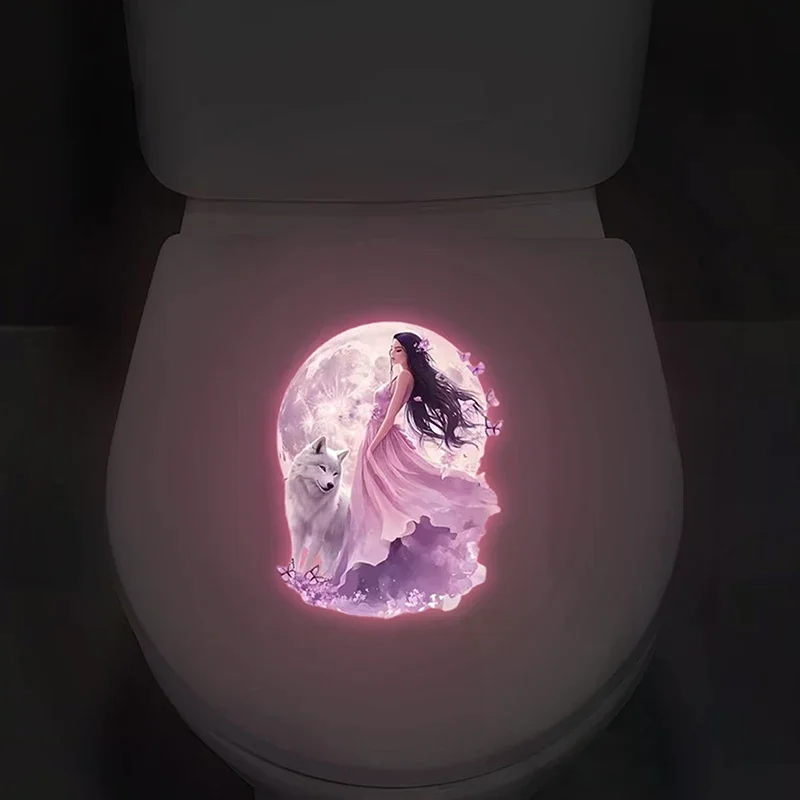 Glow-in-the-Dark Moonlight Fairy Wolf Toilet Sticker Toilet Lid Decoration Wall Decal Self-Adhesive Removable Luminous Decals