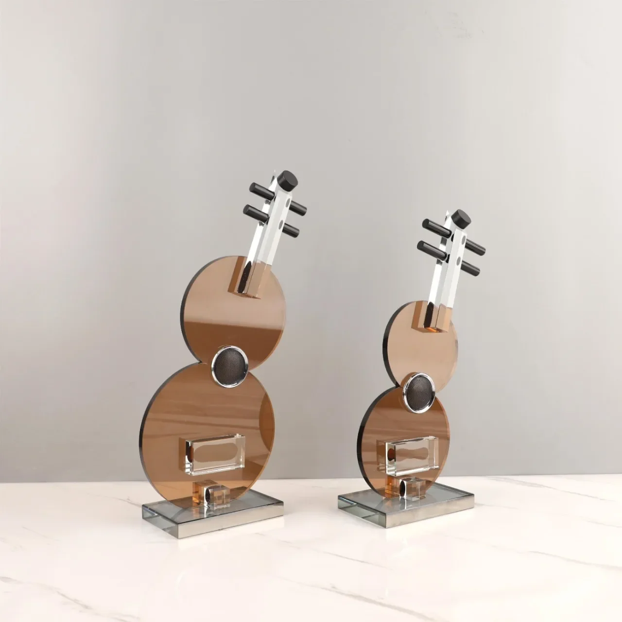 Glass Craft Brown Crystal Guitar Musical Instrument Sculpture Decorative Figurines Home Decoration Accessories