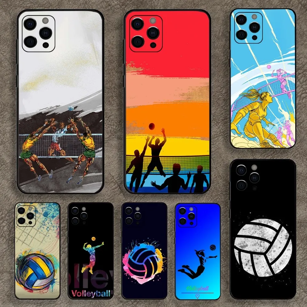 Volleyball Painted Phone Case For Apple iPhone 15,14,13,12,11,Pro,X,XS,Max,XR,Plus,Mini Soft Black Cover