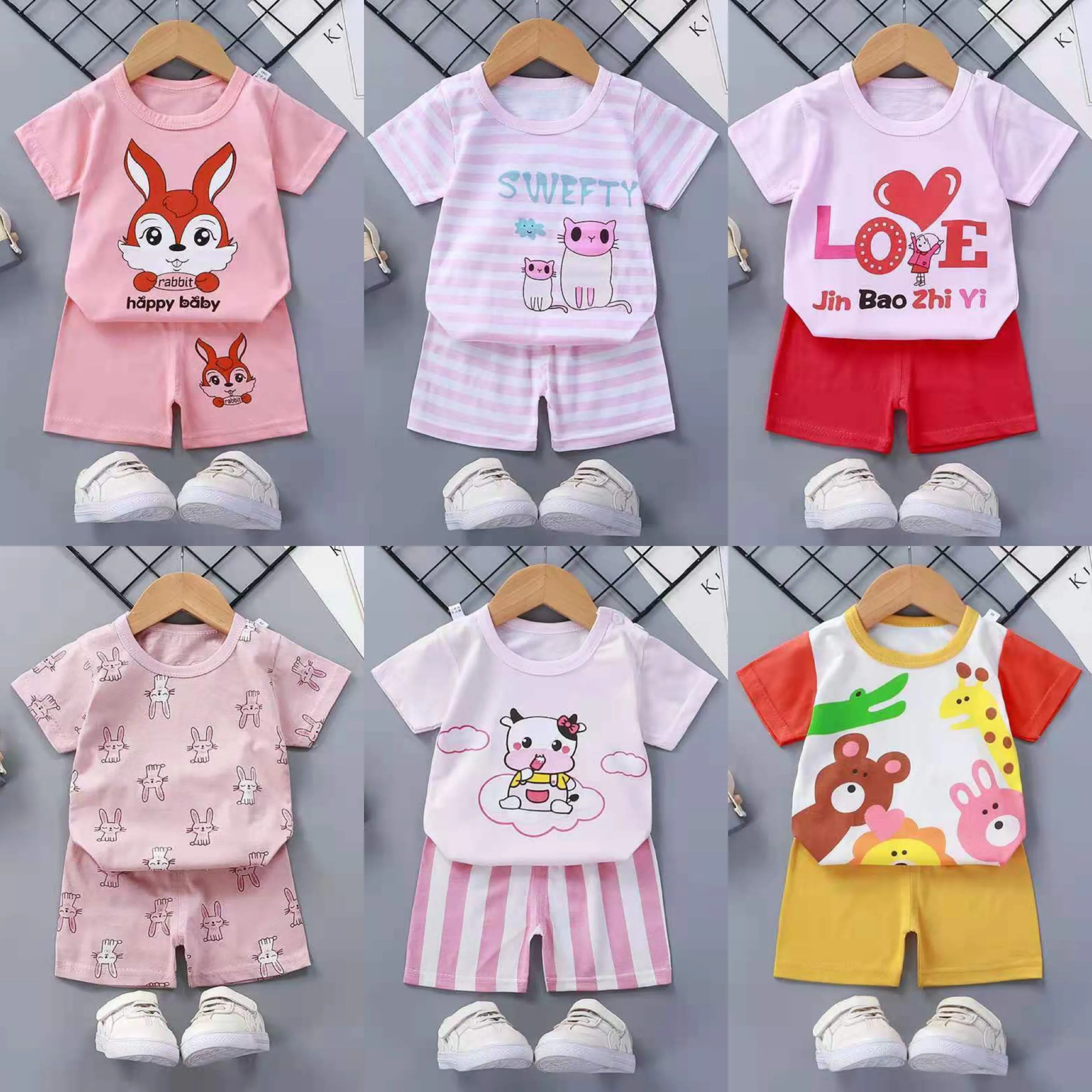 

2022 Baby Boy Clothes Set Summer Thin Pink Print Girls Short Sleeve Top Shorts Two-piece Suit Children's Cotton Tracksuit Outfit