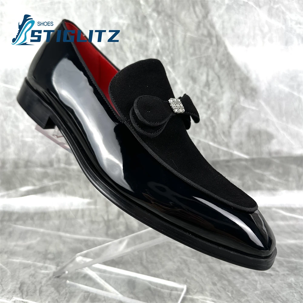 British Style Patent Leather Men\'s Shoes Bowknot Black Shallow Loafers High Quality Flat Square Toe Wedding Office Formal Shoes