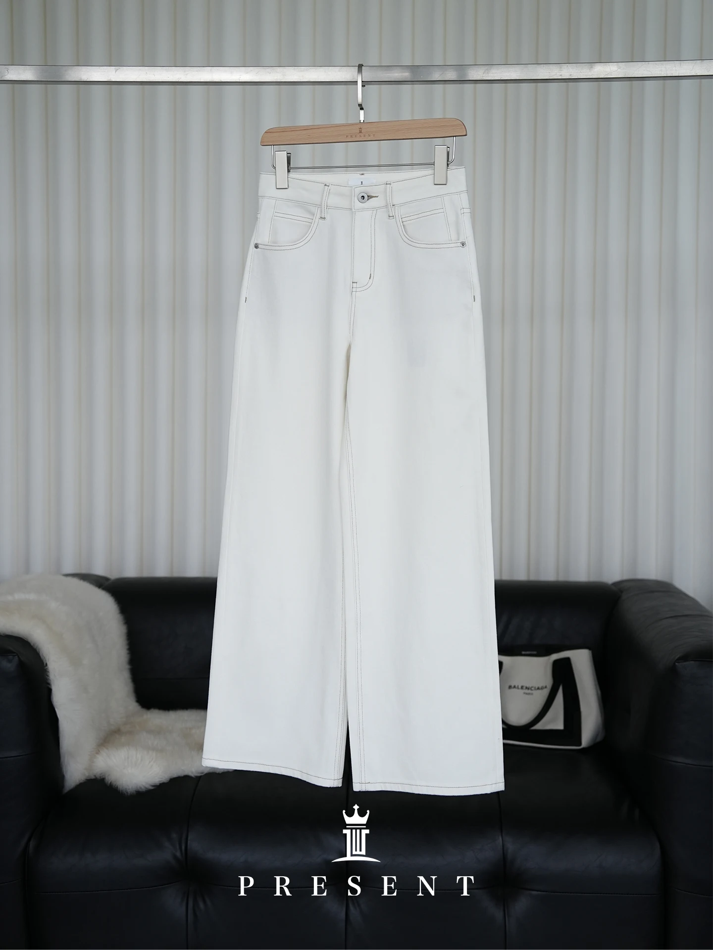 

Lao Bao Mian Jia Selective Lycra Double Core White Jeans YKK Versatile Casual Long Pants Women's Straight Leg Spring New Style