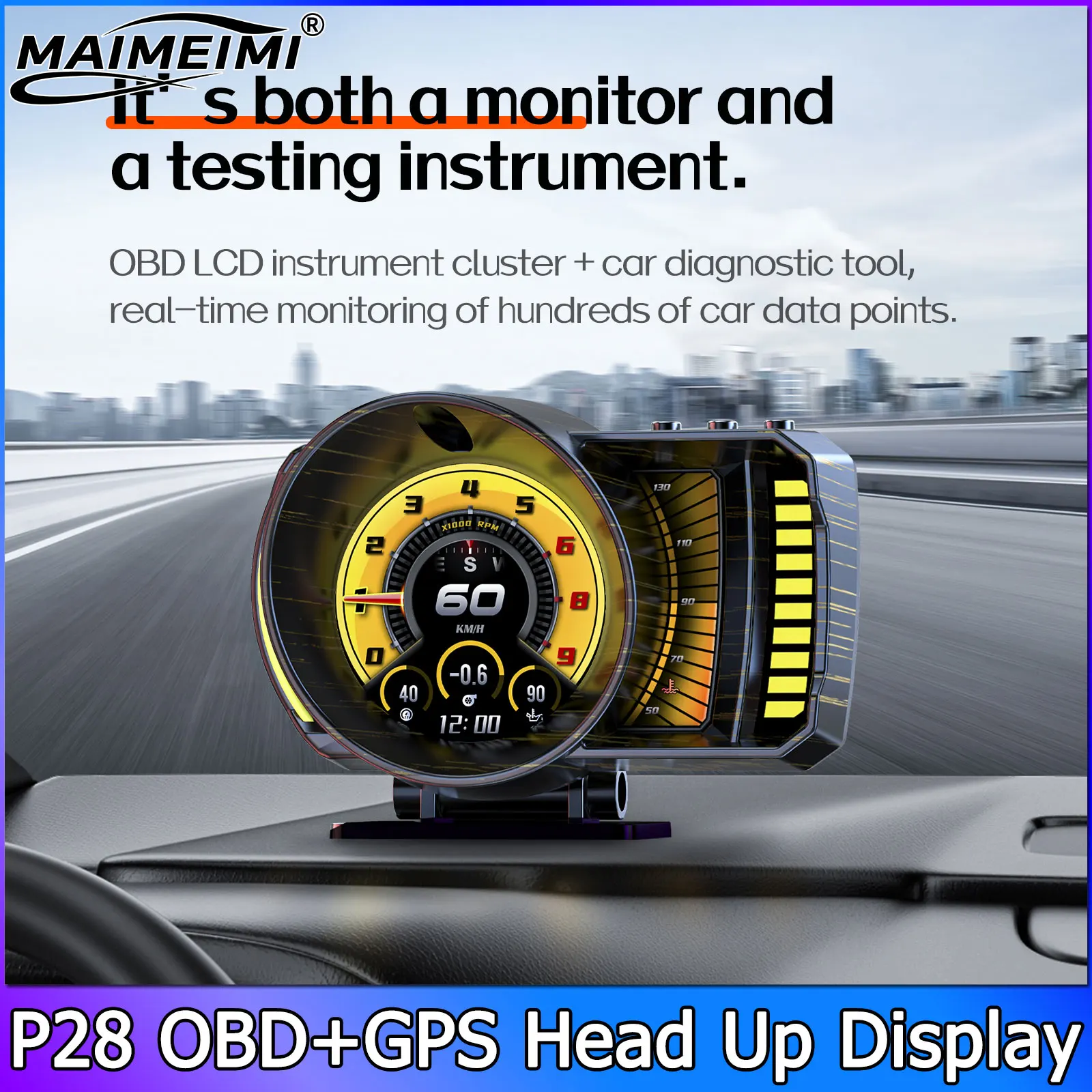 Head Up Display OBD2+GPS HUD P28 Smart Gauge Car HUD Speedometer Turbo RPM Alarm for Car Truck Pressure Water Temp Turbine